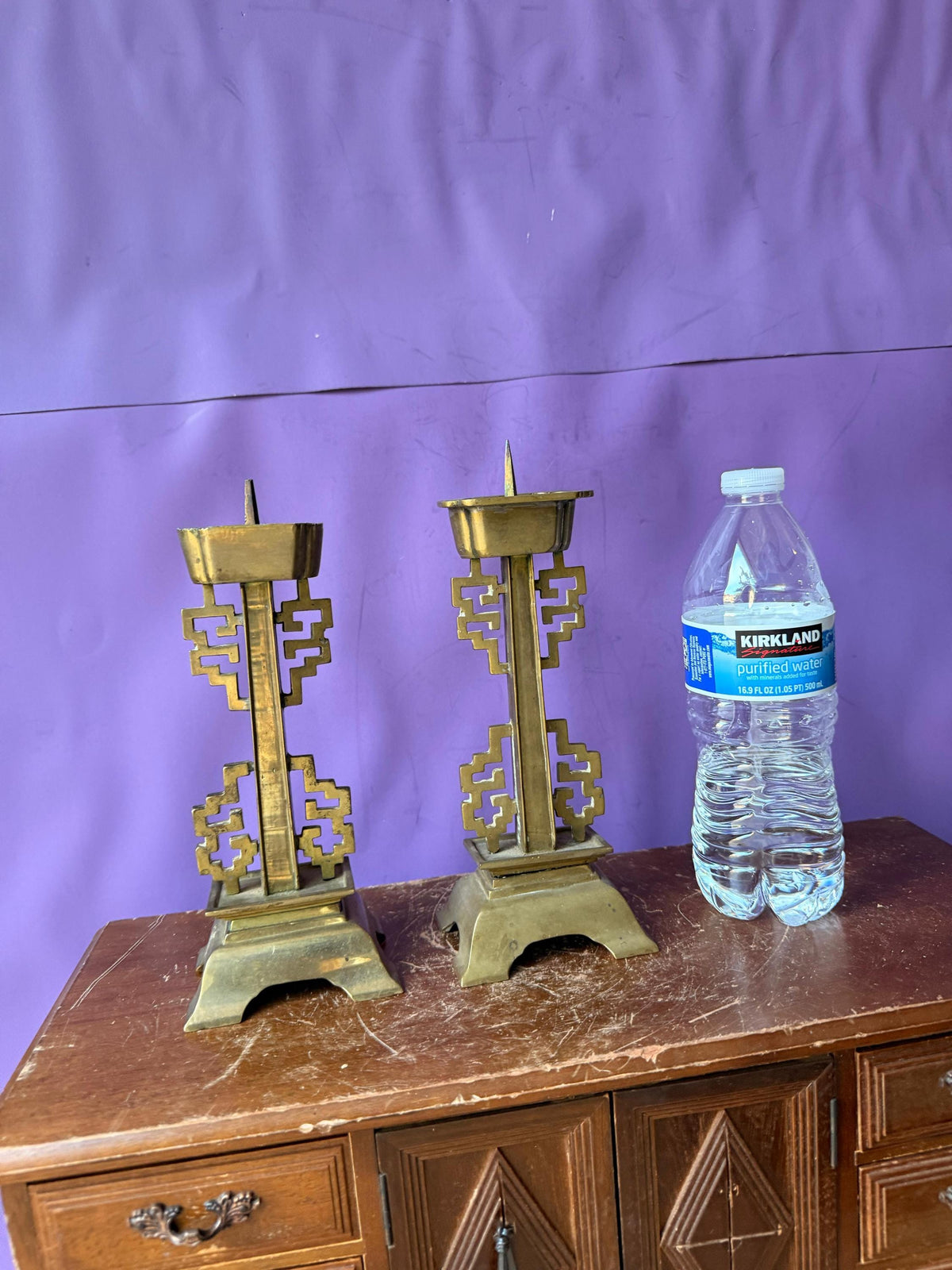Vintage Brass Asian Fretwork Pricket Candlesticks Pair 8.5" Altar Holders