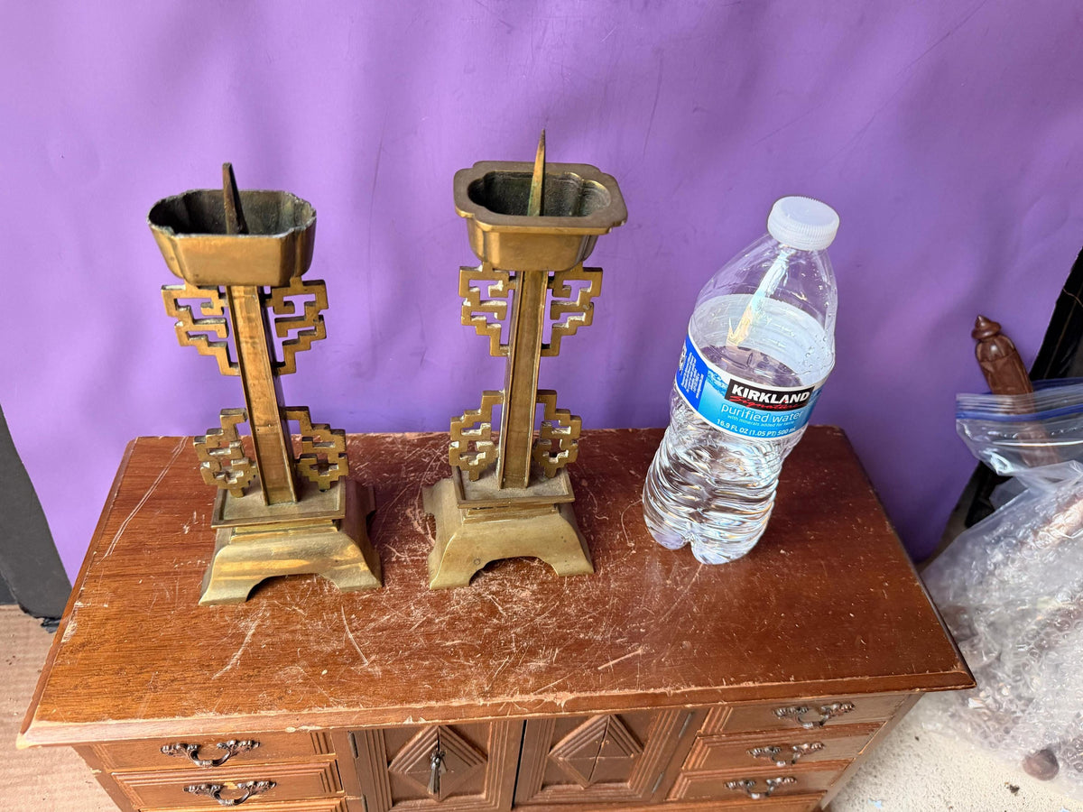 Vintage Brass Asian Fretwork Pricket Candlesticks Pair 8.5" Altar Holders
