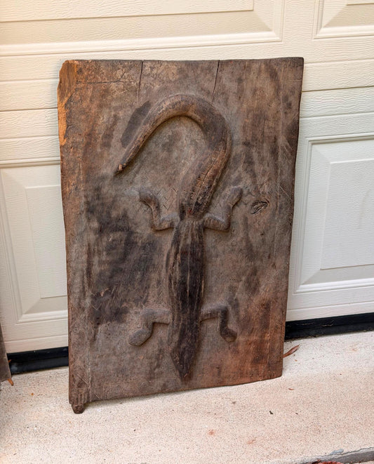 Vintage Dogon Carved Wood Granary Door Lizard Relief African Art 26.5"