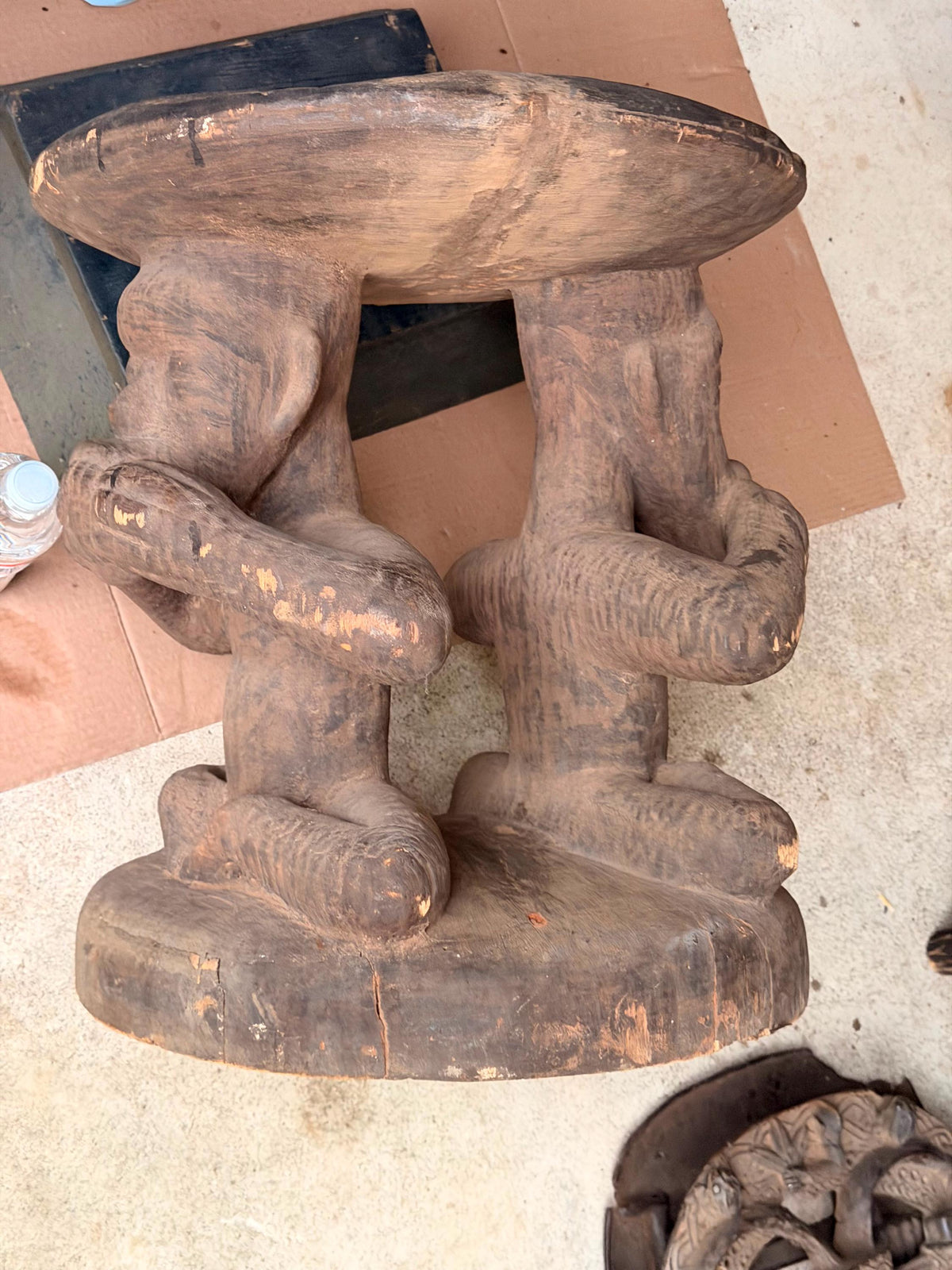 Vintage Kongo Caryatid Wood Stool - African Royal Throne Congo 18.5"