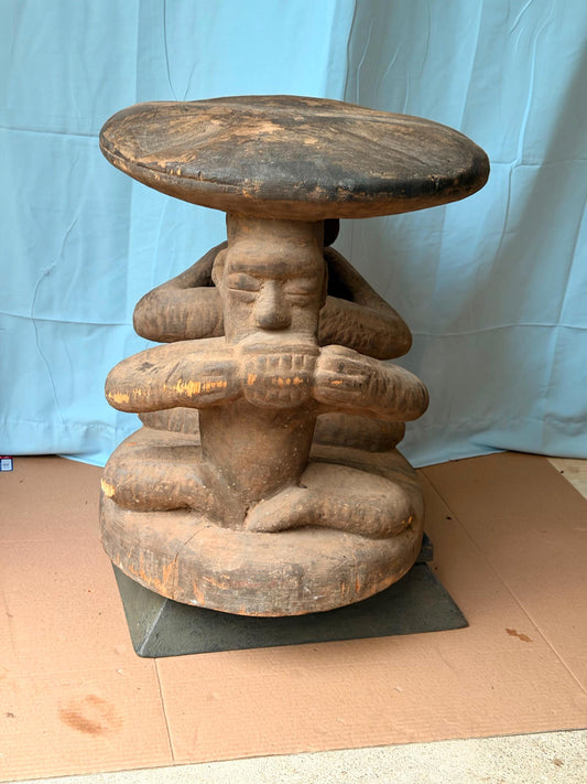 Vintage Kongo Caryatid Wood Stool - African Royal Throne Congo 18.5"