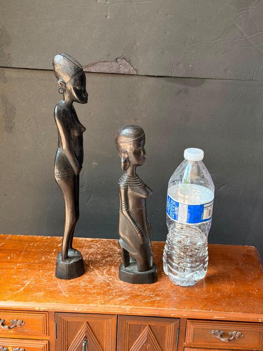Vintage African Carved Ebony Statues Pair Female Standing Kneeling Figures 12.8"