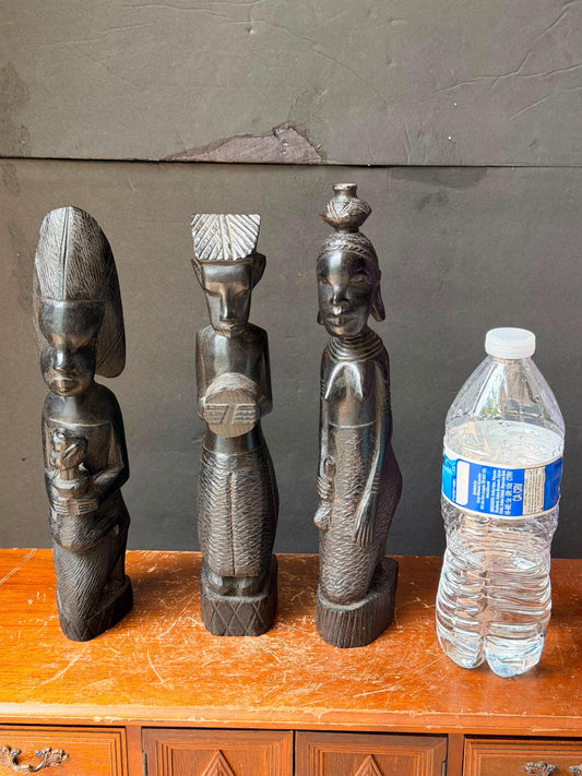 Vintage African Ebony Carvings - Trio Mother Child Drum Water Carrier 11"