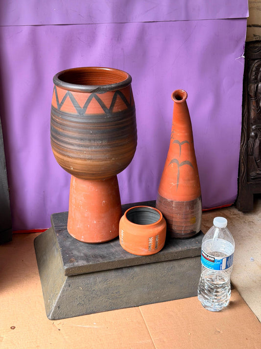 Vintage African Terracotta Pottery Set - Pedestal Chalice Vase Trio 14"