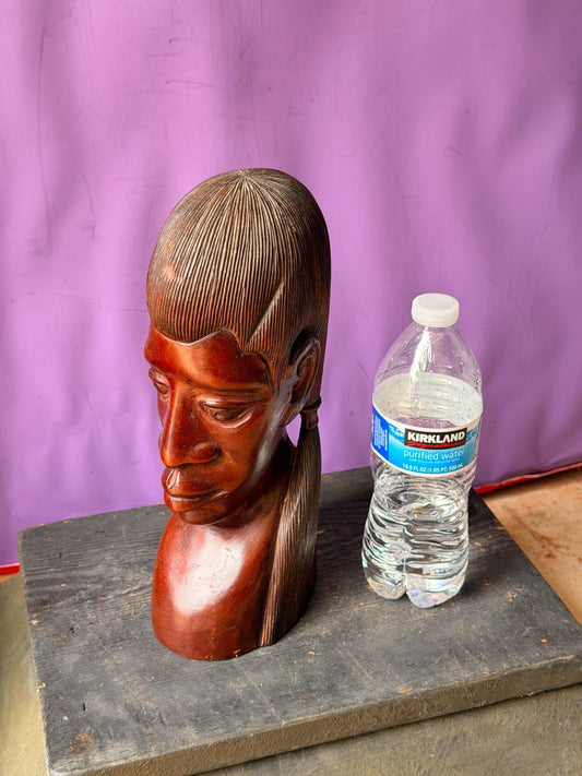 Vintage African Mahogany Wood Bust - Hand Carved Female Tribal Portrait Head 10.