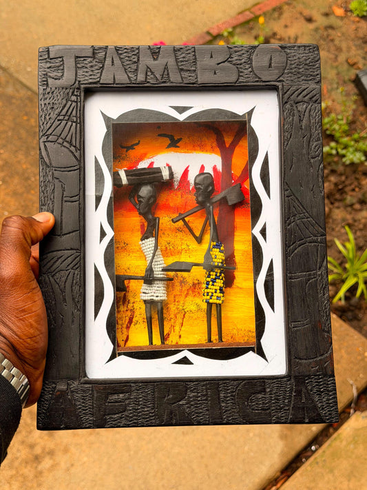 Vintage East African Jambo Africa Shadow Box Art - Hand Carved Beaded Diorama
