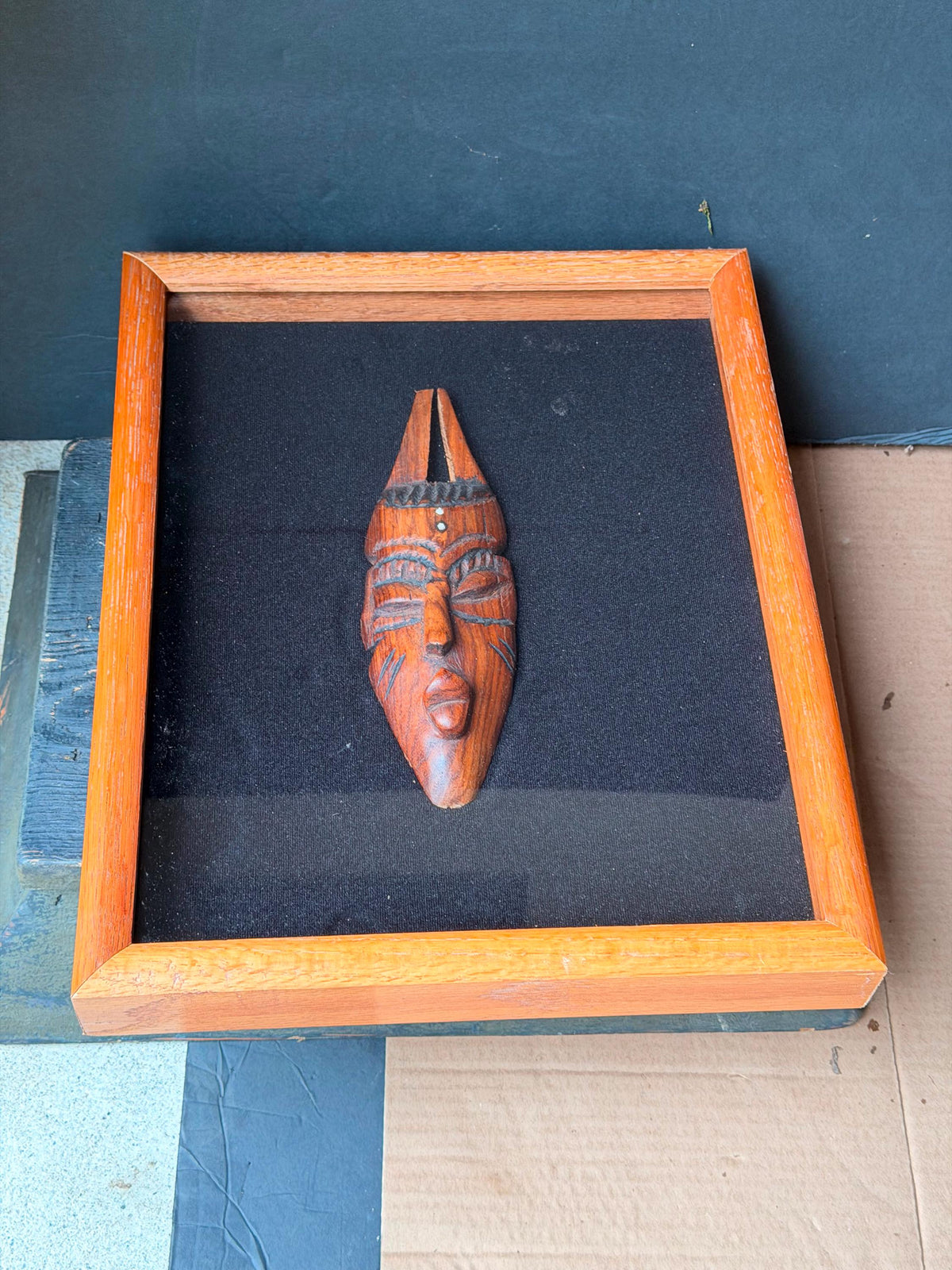 Vintage Framed African Mask Shadow Box - Hand Carved West African Wood Art 15"