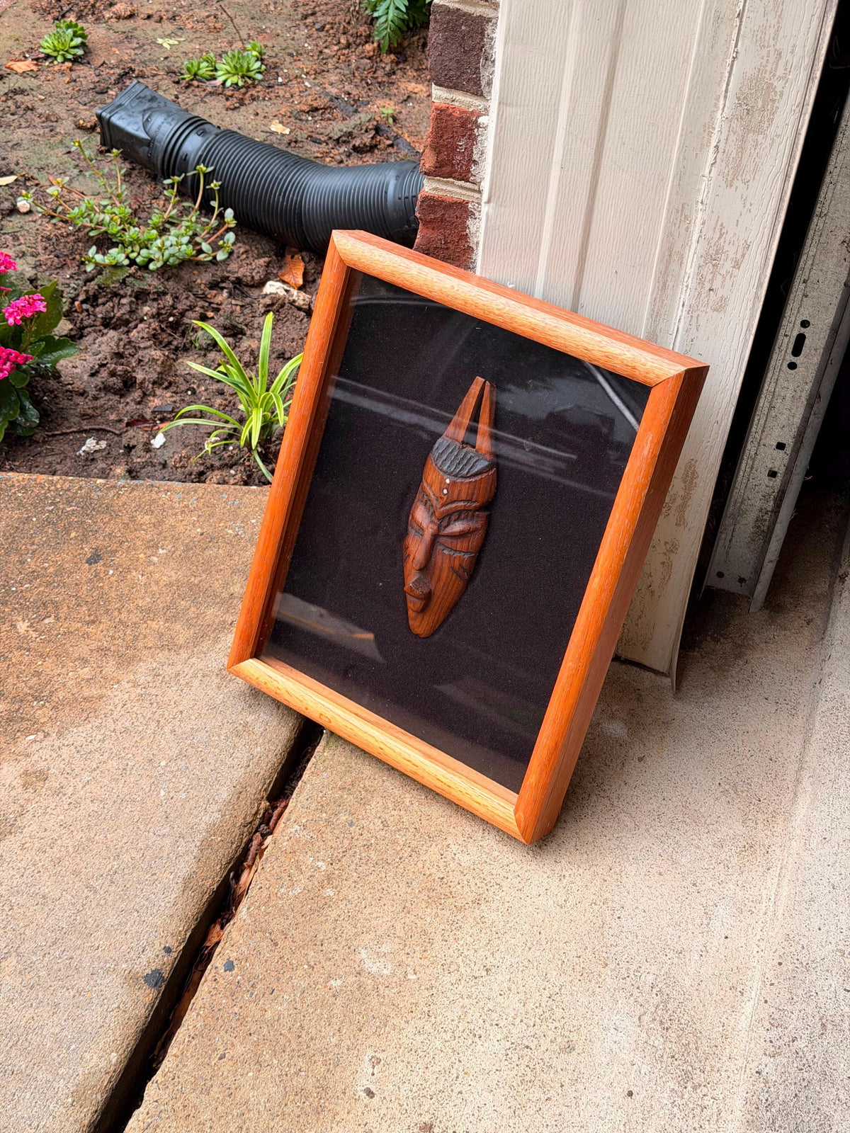 Vintage Framed African Mask Shadow Box - Hand Carved West African Wood Art 15"