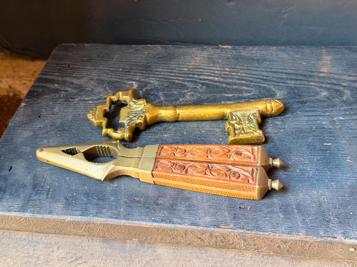 Vintage Indian Brass Key Bottle Opener and Carved Wood Nutcracker Set