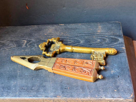 Vintage Indian Brass Key Bottle Opener and Carved Wood Nutcracker Set