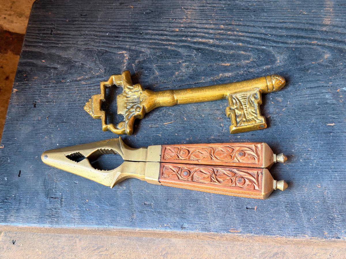 Vintage Indian Brass Key Bottle Opener and Carved Wood Nutcracker Set