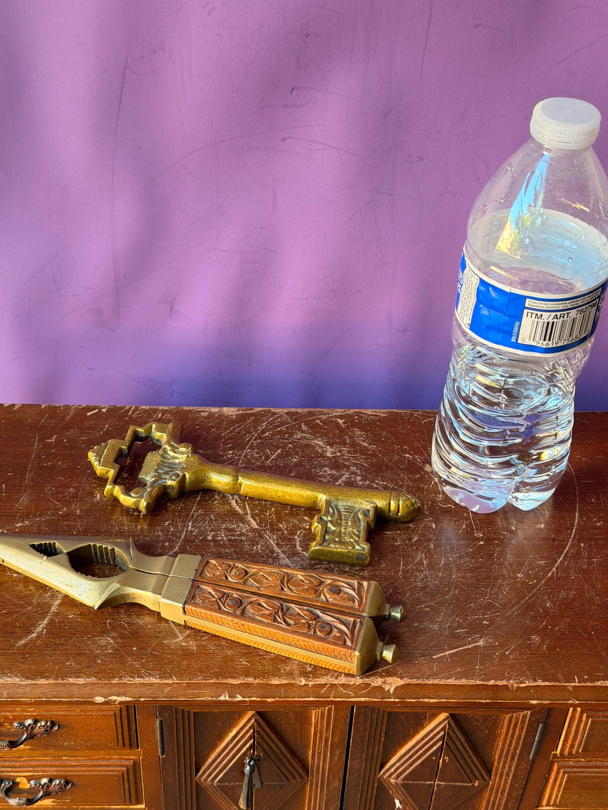 Vintage Indian Brass Key Bottle Opener and Carved Wood Nutcracker Set