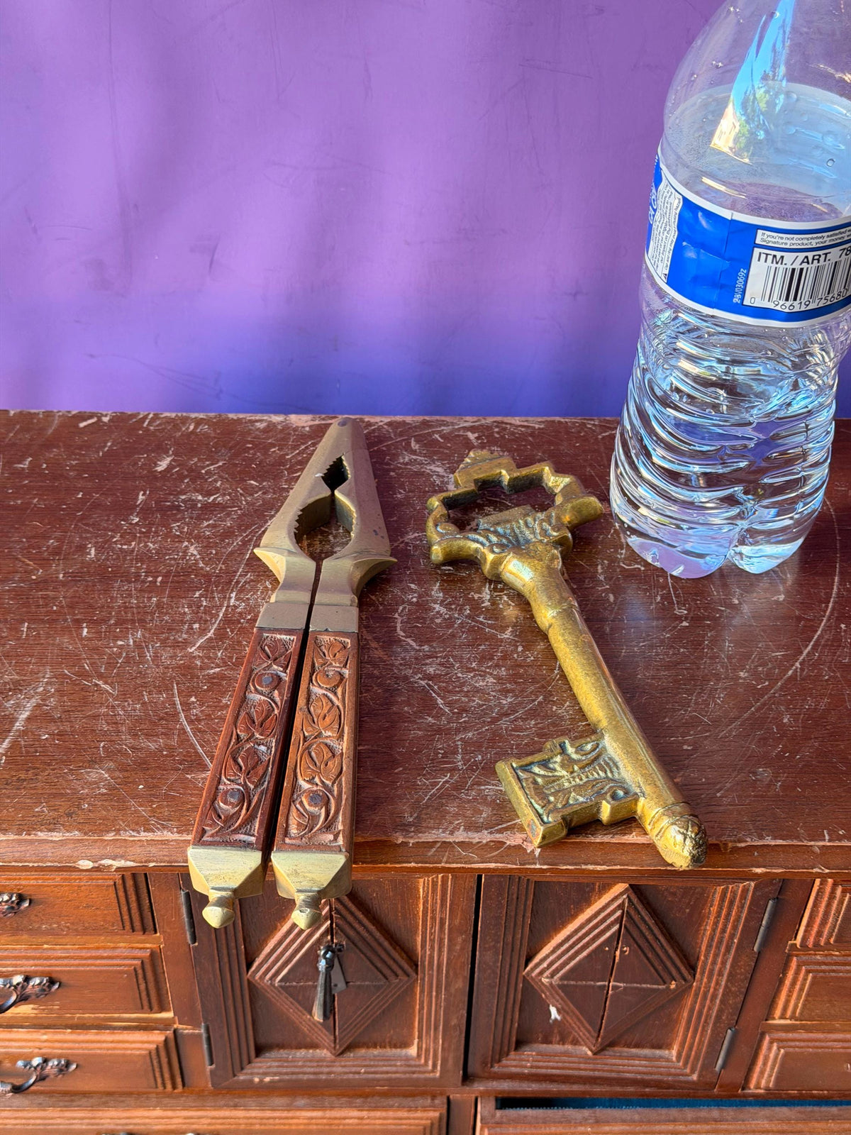 Vintage Indian Brass Key Bottle Opener and Carved Wood Nutcracker Set