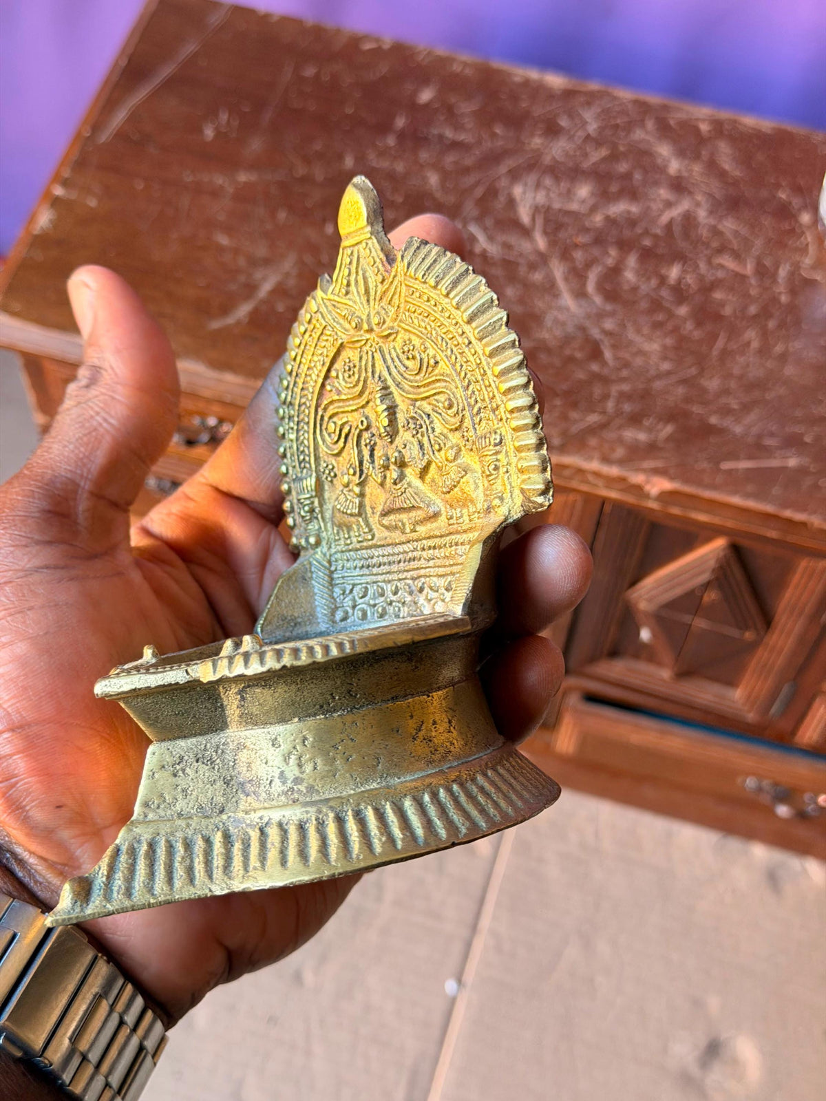 Vintage Indian Brass Gajalakshmi Incense Burner Dhoop Dani Hindu Altar 5"