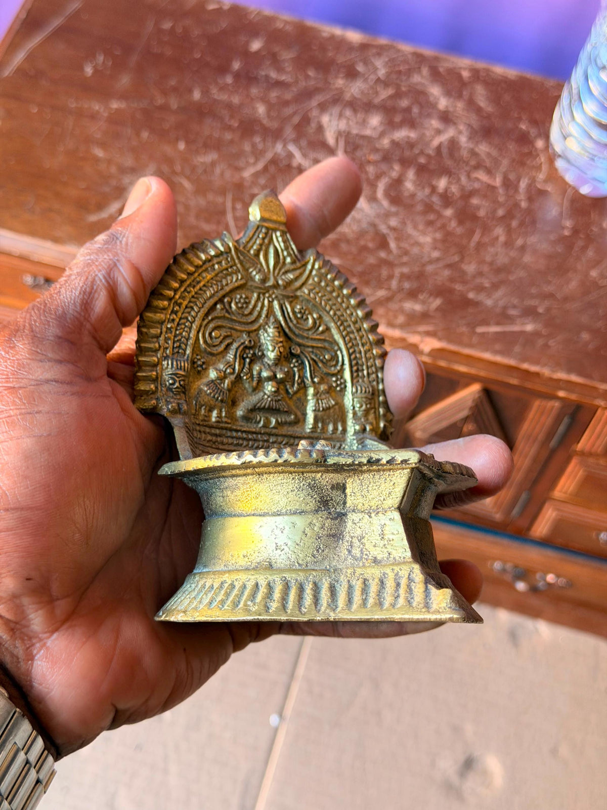 Vintage Indian Brass Gajalakshmi Incense Burner Dhoop Dani Hindu Altar 5"