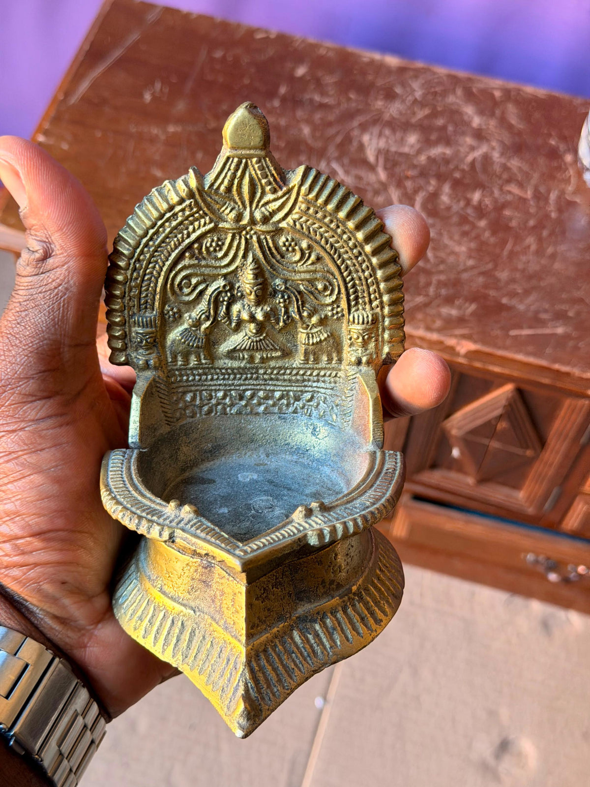 Vintage Indian Brass Gajalakshmi Incense Burner Dhoop Dani Hindu Altar 5"
