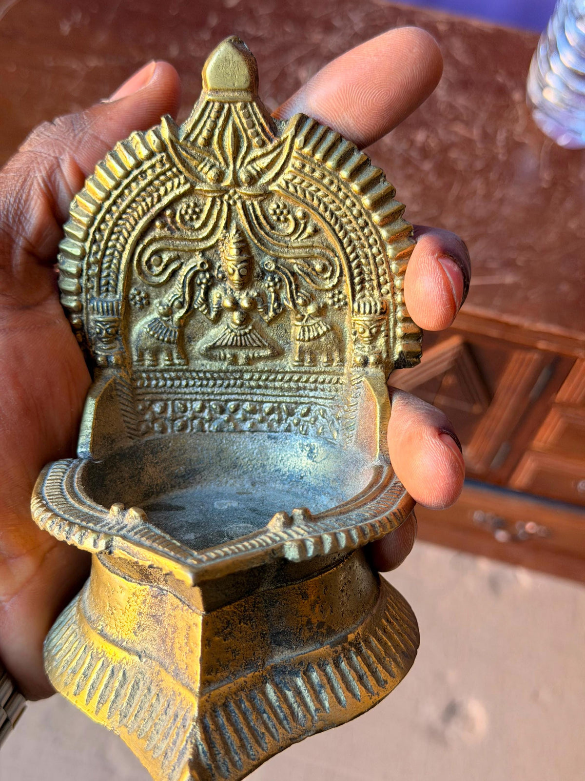Vintage Indian Brass Gajalakshmi Incense Burner Dhoop Dani Hindu Altar 5"