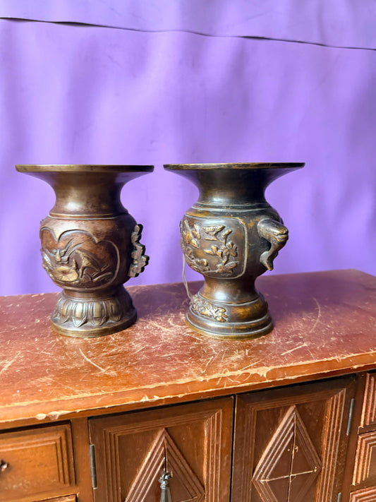 Antique Japanese Bronze Vases Meiji Taisho Bird Chrysanthemum Lotus Foo Dog 4.8"