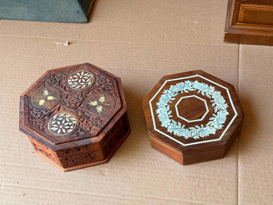 Vintage Indian Inlaid Bone Wooden Trinket Box Set - Octagonal Jewelry Cases 6"