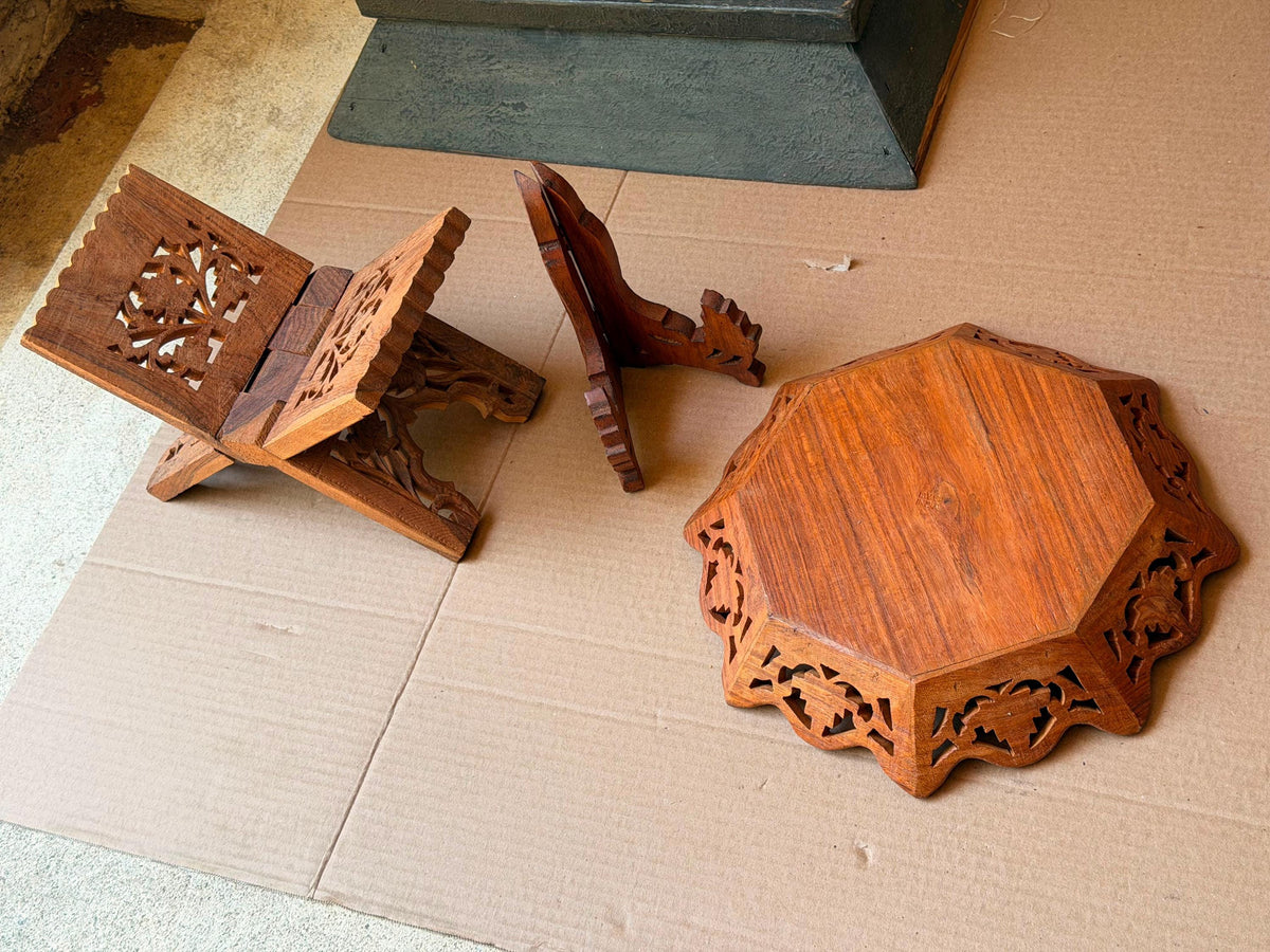 Vintage Indian Carved Wood Rehal Book Stand Tray Set - Saharanpur Art