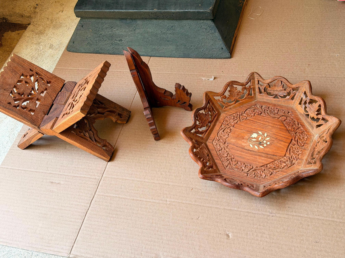 Vintage Indian Carved Wood Rehal Book Stand Tray Set - Saharanpur Art