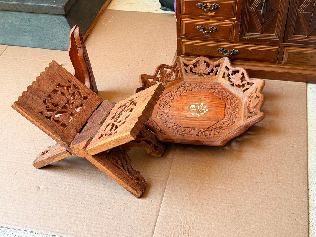 Vintage Indian Carved Wood Rehal Book Stand Tray Set - Saharanpur Art