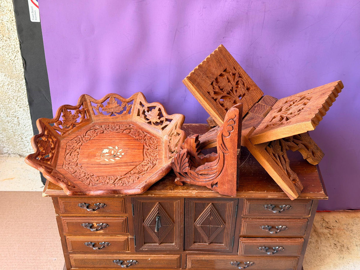 Vintage Indian Carved Wood Rehal Book Stand Tray Set - Saharanpur Art