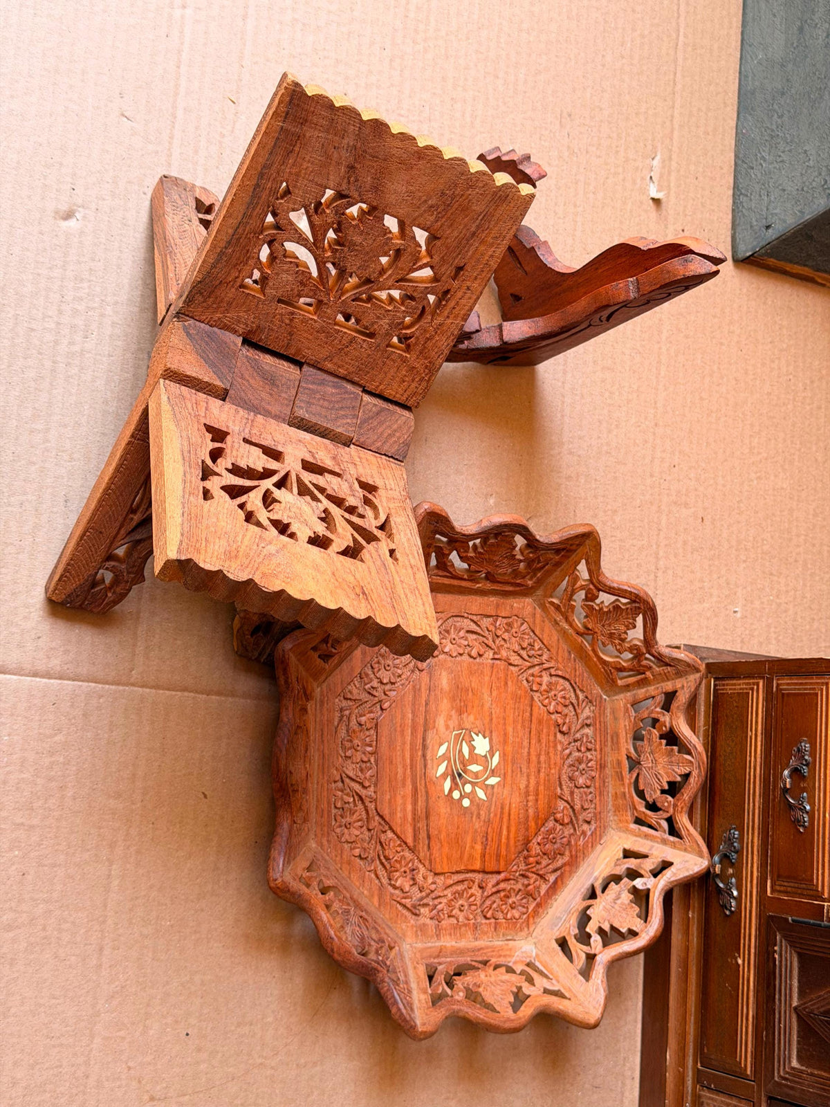 Vintage Indian Carved Wood Rehal Book Stand Tray Set - Saharanpur Art