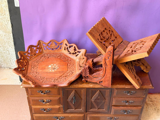 Vintage Indian Carved Wood Rehal Book Stand Tray Set - Saharanpur Art