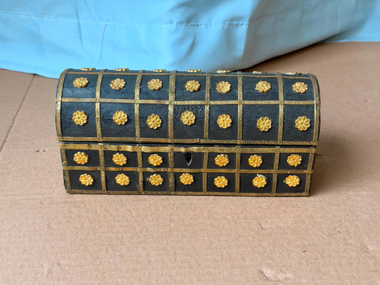 Vintage Indian Brass Studded Wooden Jewelry Box Dome Top Dowry Trinket Chest