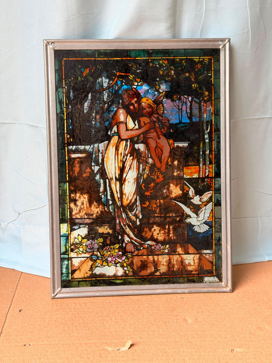 Vintage Art Nouveau Stained Glass Style Panel - Cherub Maiden & Doves Decor