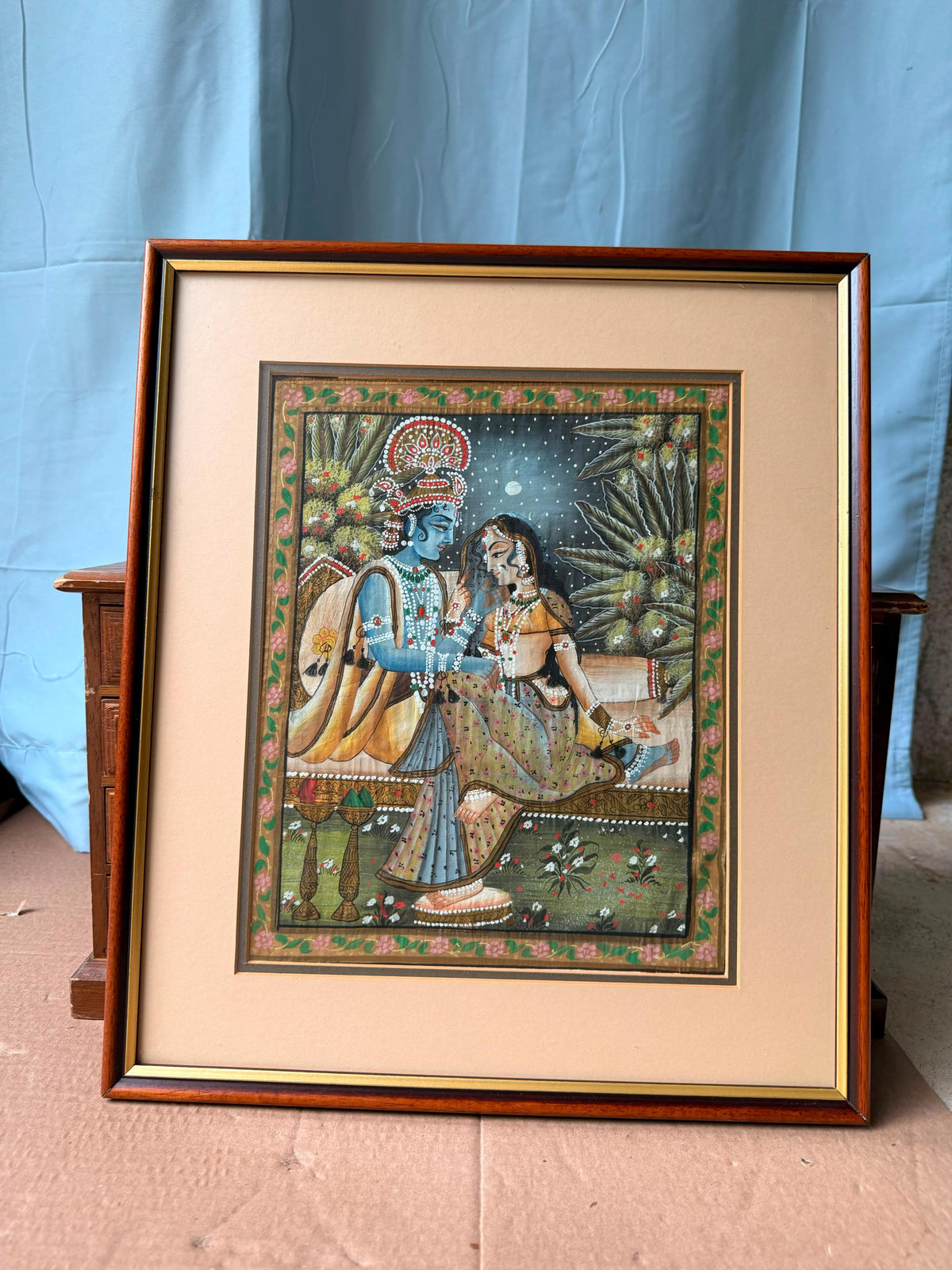 Vintage Radha Krishna Framed Indian Miniature Painting Devotional Art