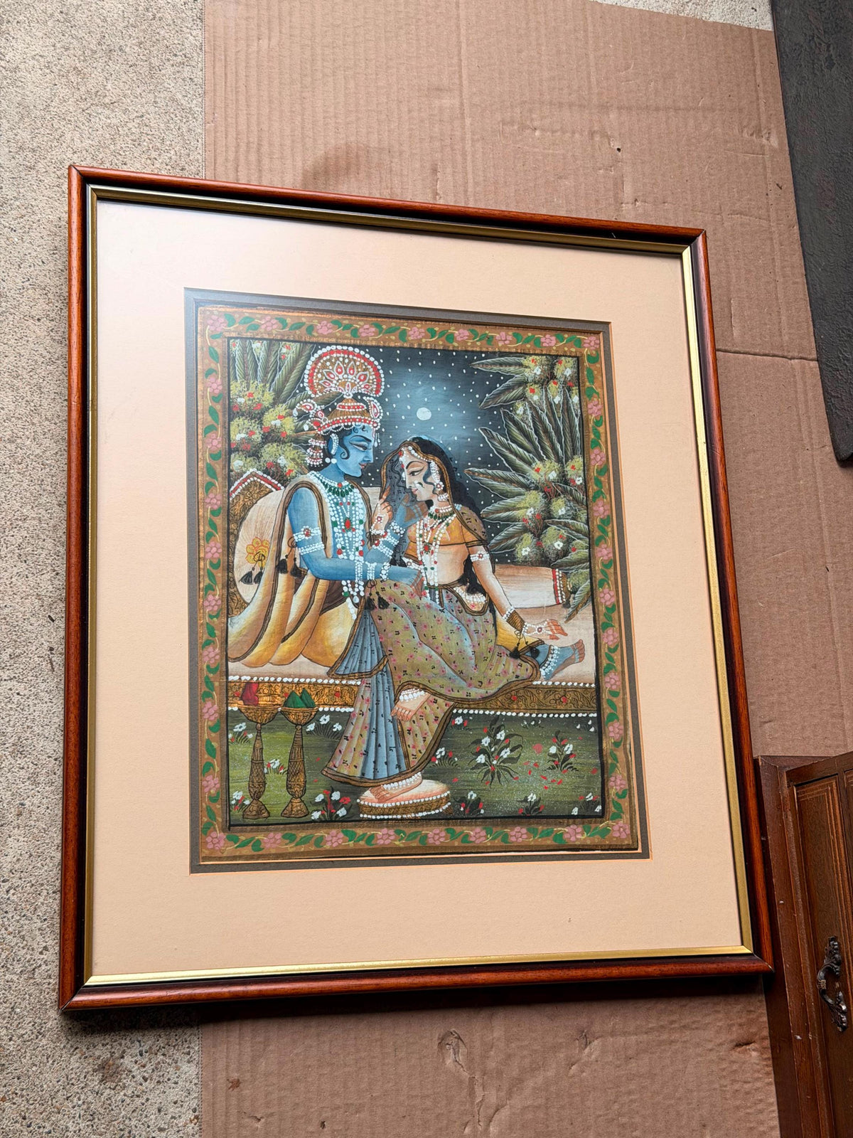 Vintage Radha Krishna Framed Indian Miniature Painting Devotional Art