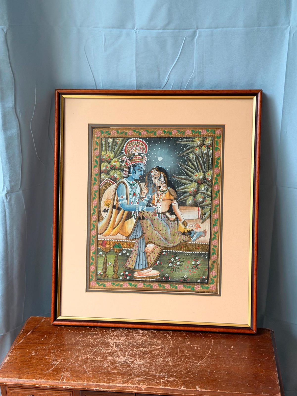 Vintage Radha Krishna Framed Indian Miniature Painting Devotional Art