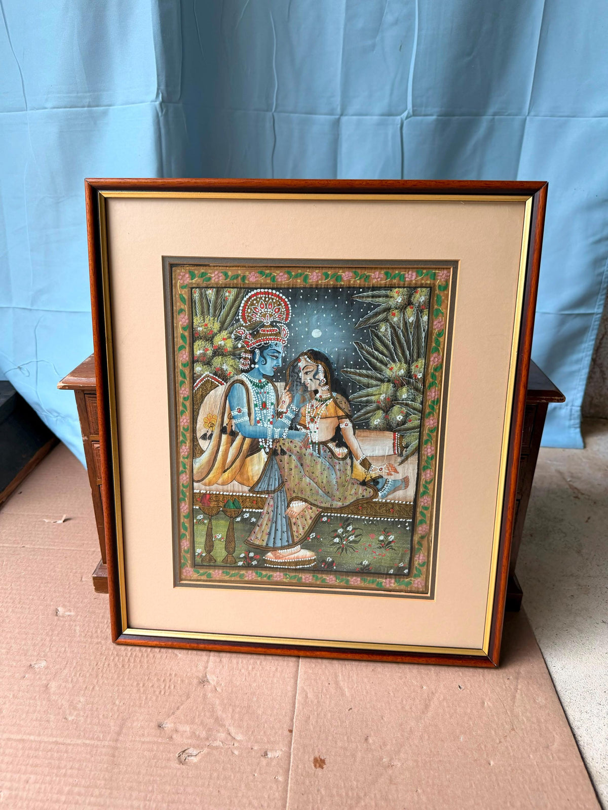 Vintage Radha Krishna Framed Indian Miniature Painting Devotional Art