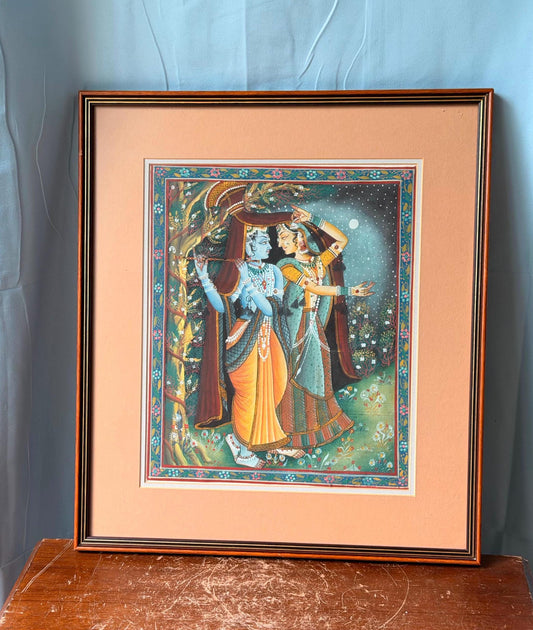 Vintage Radha Krishna Framed Indian Miniature Painting - Devotional Altar Art