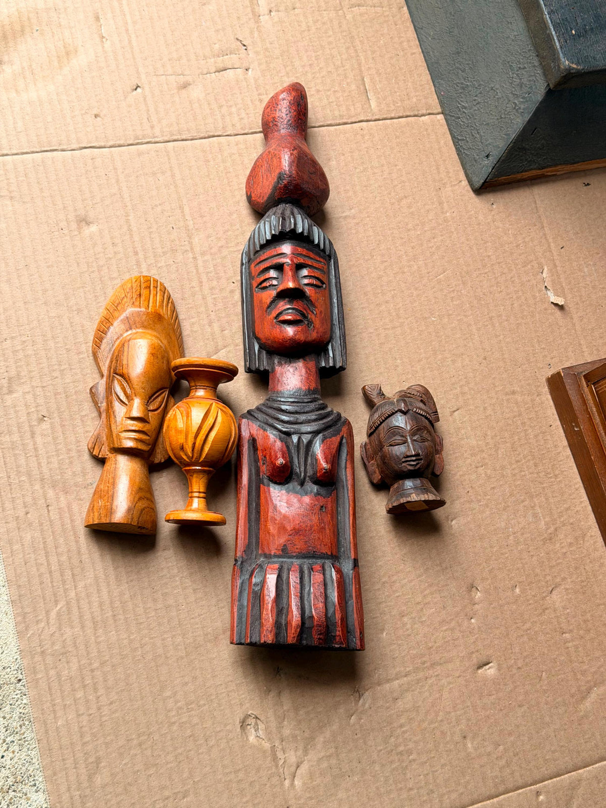 Vintage Global Folk Art Carving Lot - Mexican Aguadora & Hindu Deity Head