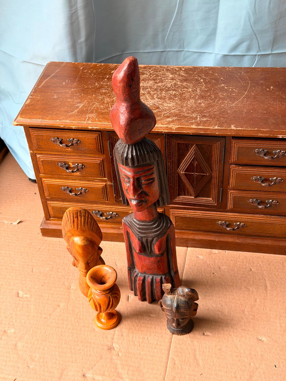 Vintage Global Folk Art Carving Lot - Mexican Aguadora & Hindu Deity Head