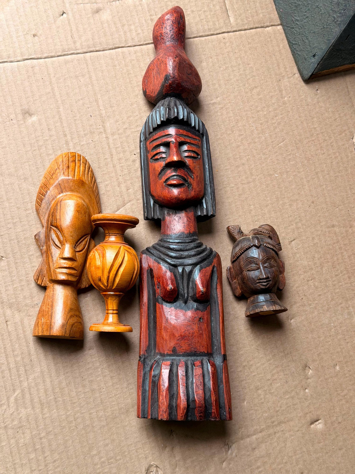 Vintage Global Folk Art Carving Lot - Mexican Aguadora & Hindu Deity Head
