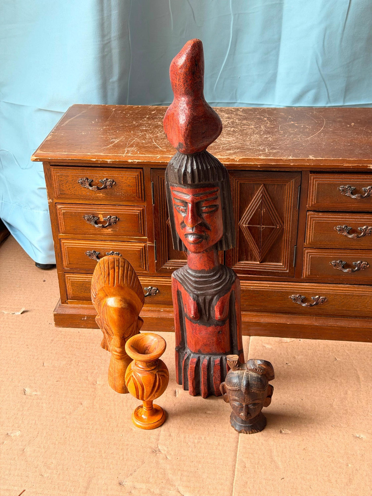 Vintage Global Folk Art Carving Lot - Mexican Aguadora & Hindu Deity Head