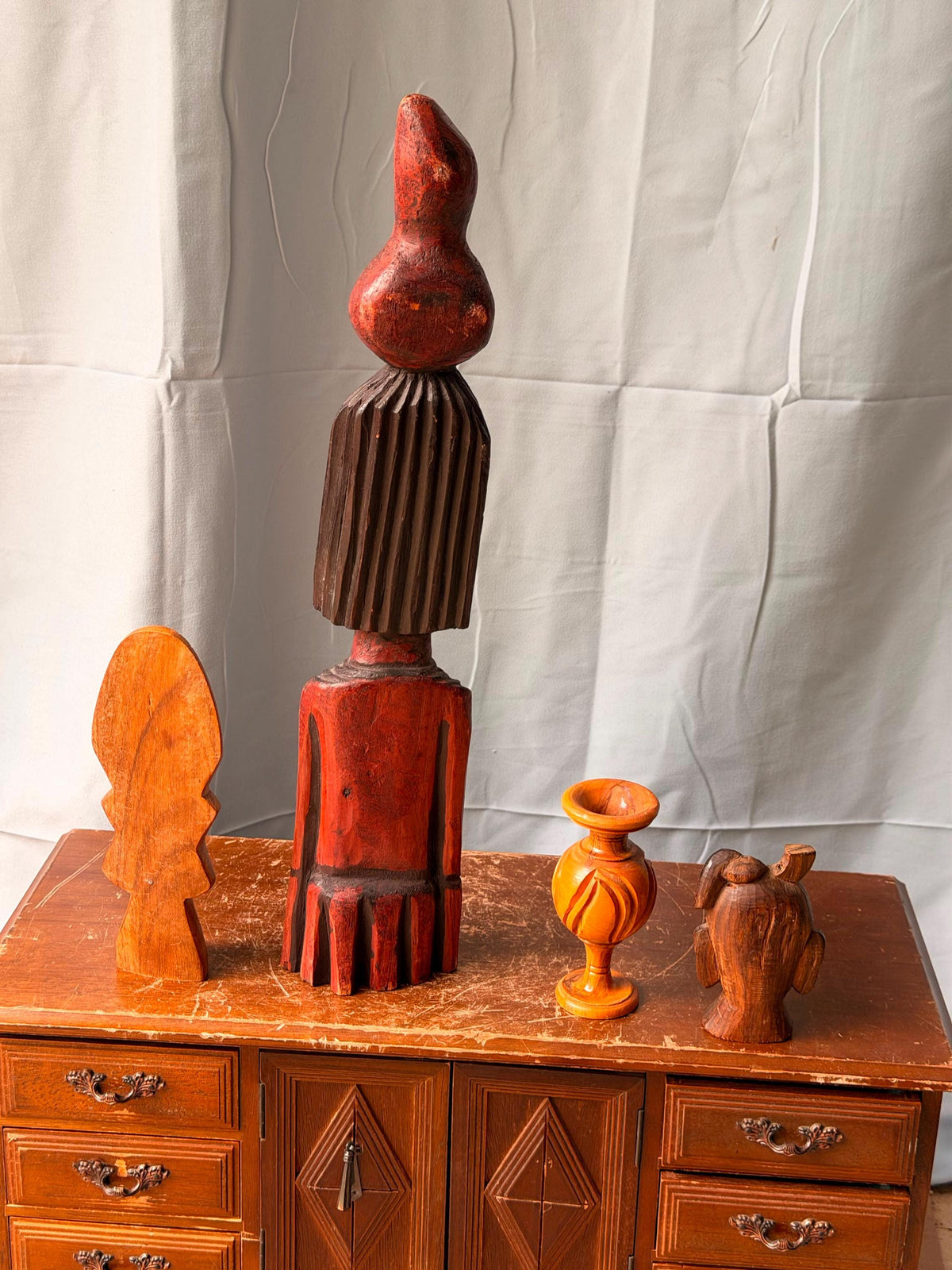 Vintage Global Folk Art Carving Lot - Mexican Aguadora & Hindu Deity Head