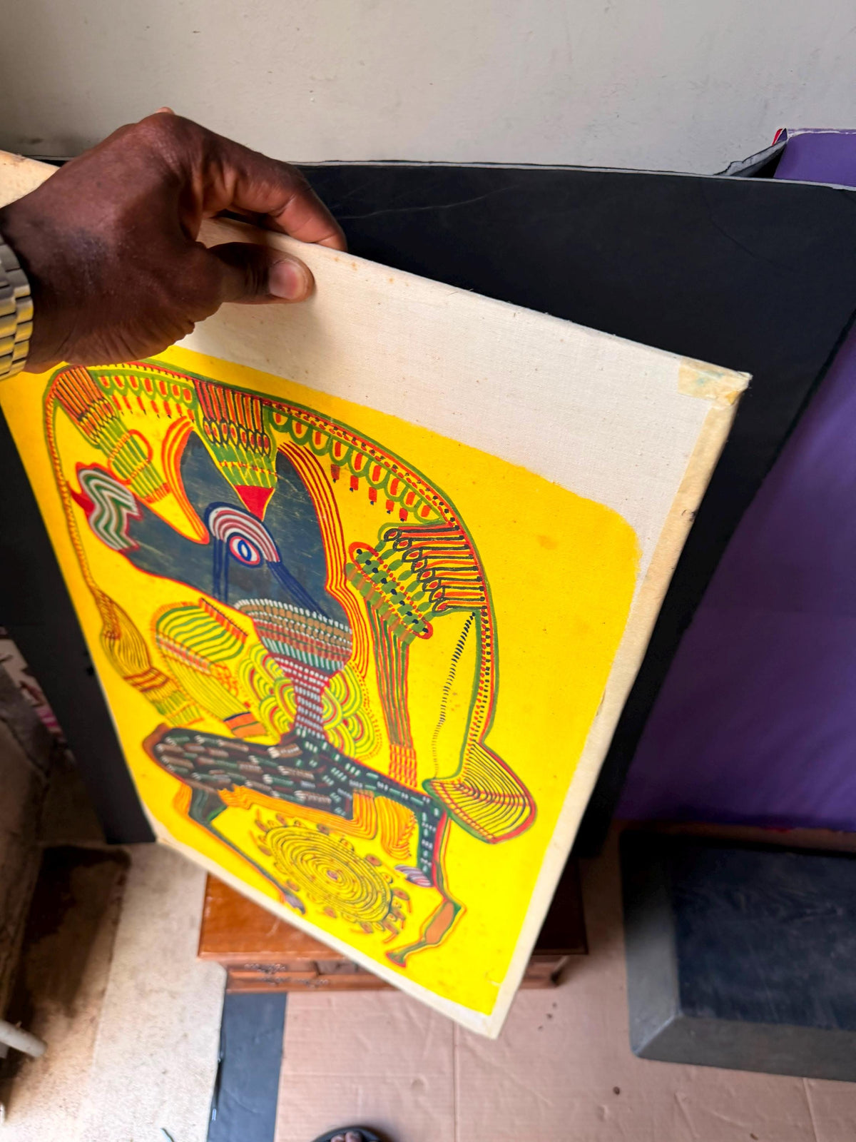 Vintage Osogbo Batik Painting Large African Textile Art Spirit Animal 32"