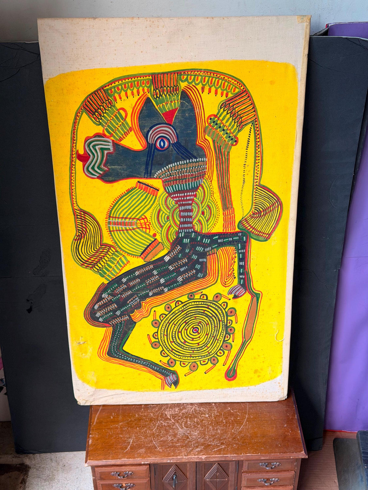 Vintage Osogbo Batik Painting Large African Textile Art Spirit Animal 32"