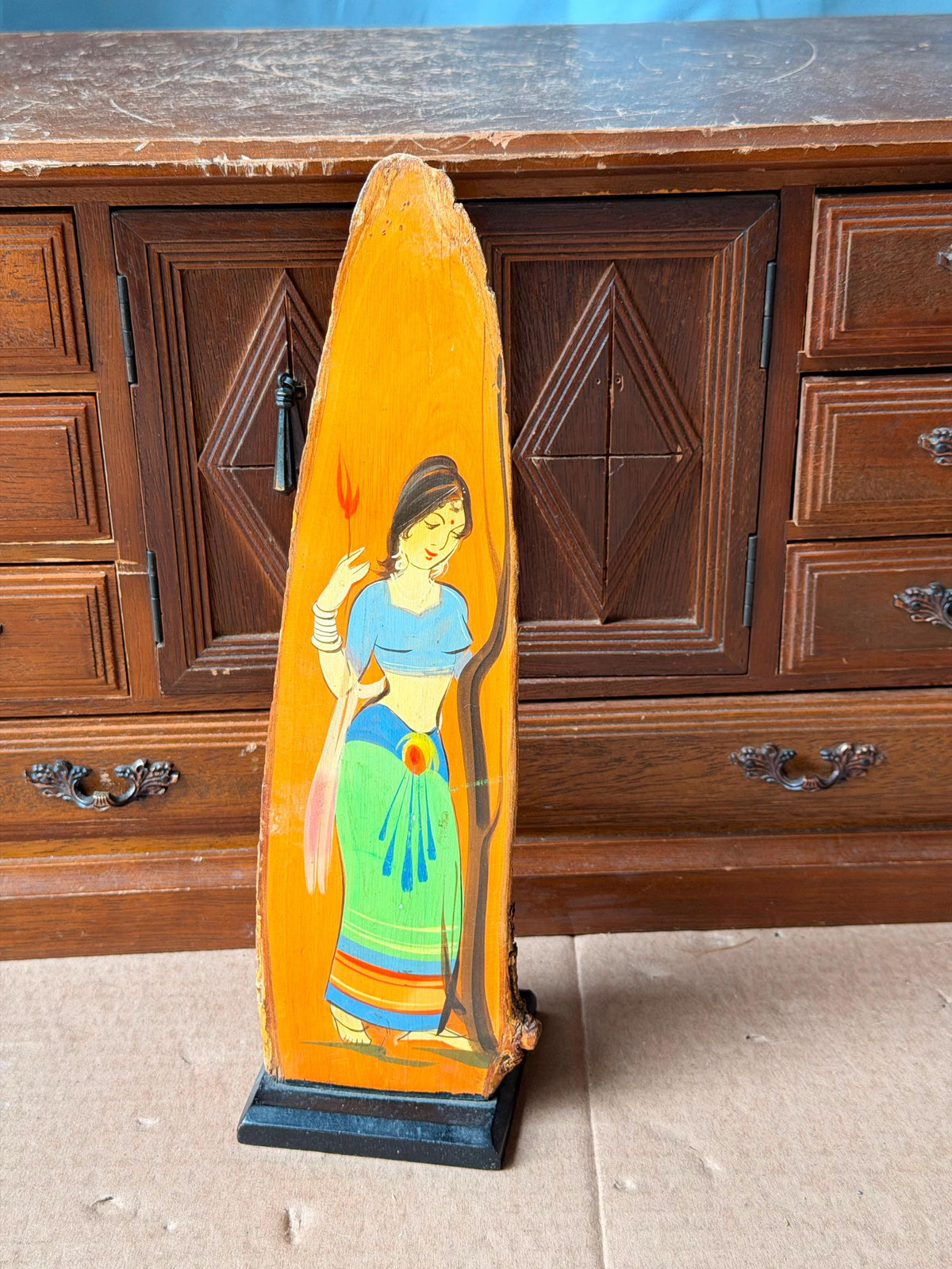 Vintage Indian Hand Painted Live Edge Wood Slab Painting - Folk Art Maiden