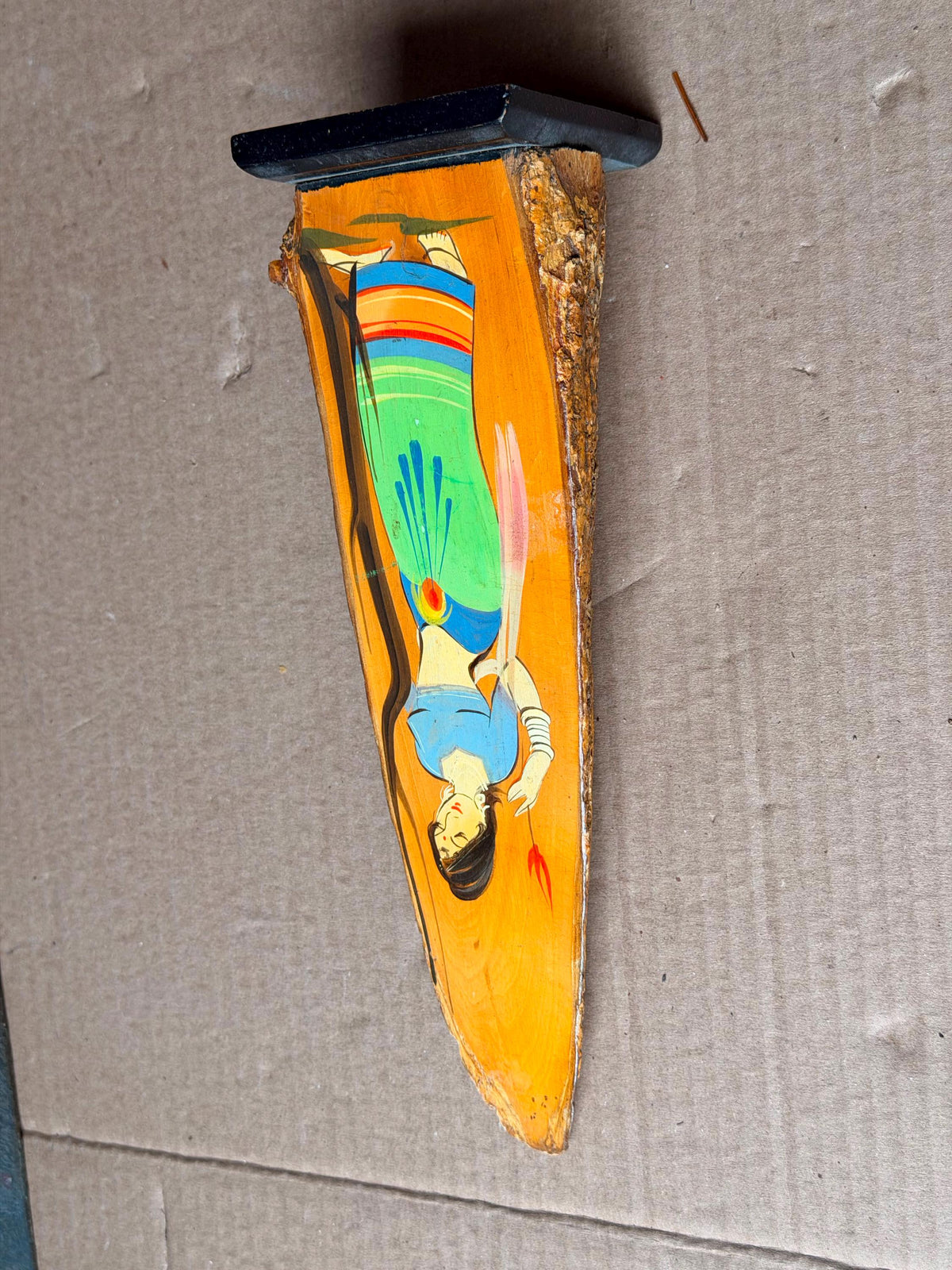 Vintage Indian Hand Painted Live Edge Wood Slab Painting - Folk Art Maiden
