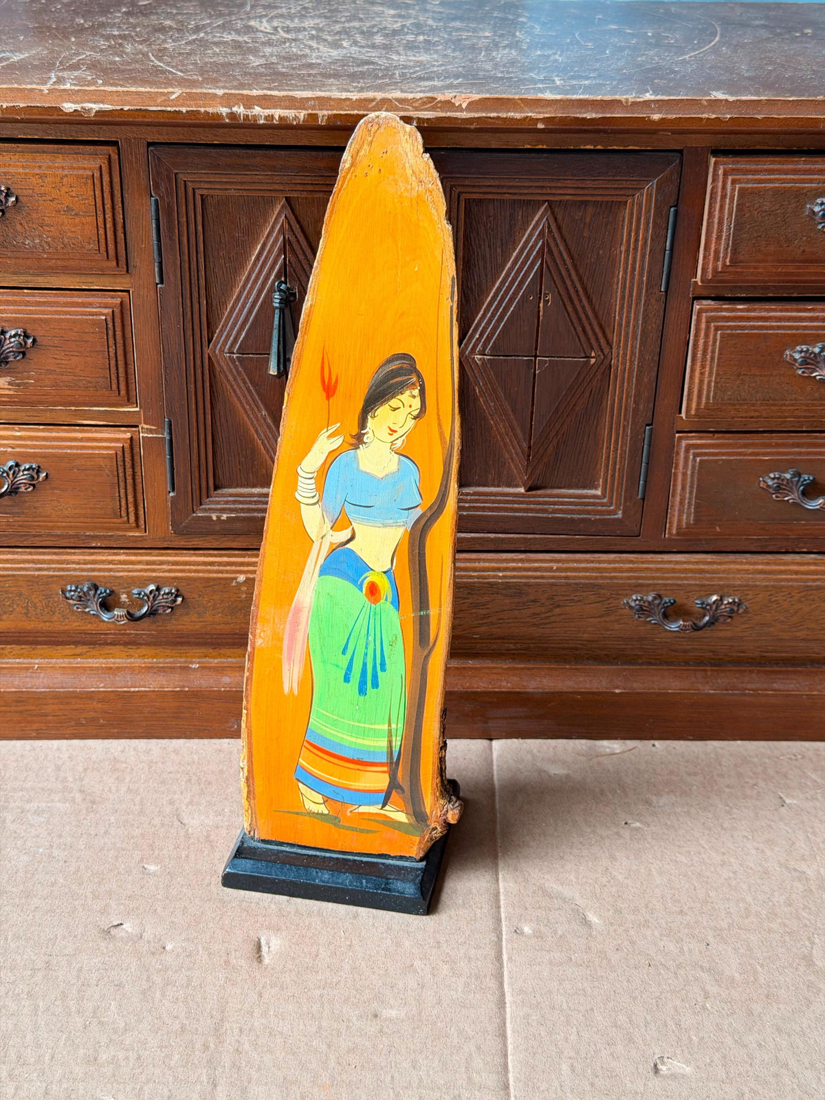 Vintage Indian Hand Painted Live Edge Wood Slab Painting - Folk Art Maiden