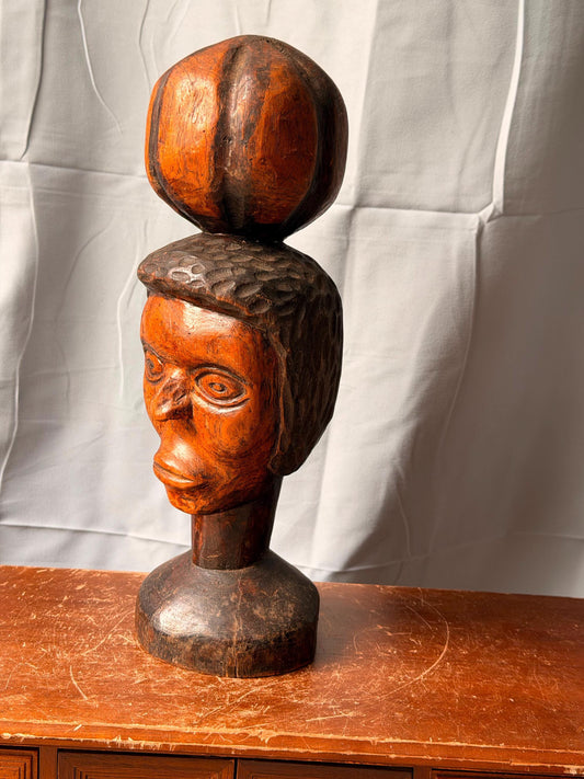 Vintage African Carved Wood Bust Sculpture - Gourd Carrier Tribal Art