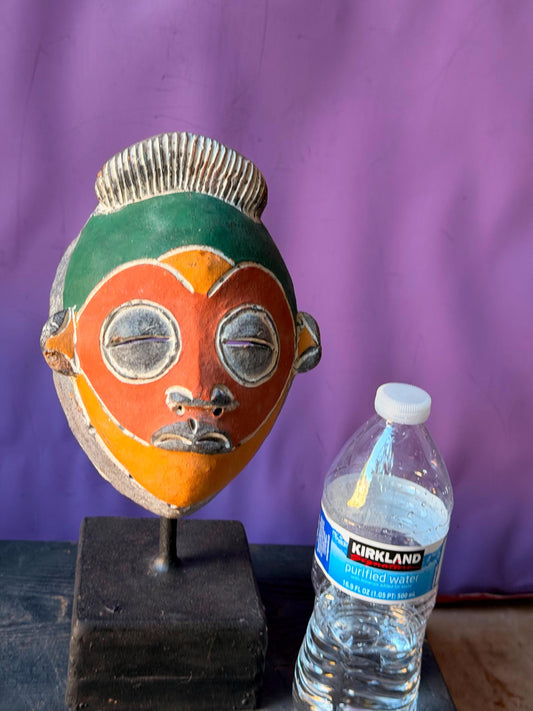 Vintage African Terracotta Punu Mask - Hand Painted Clay Tribal Art 7"