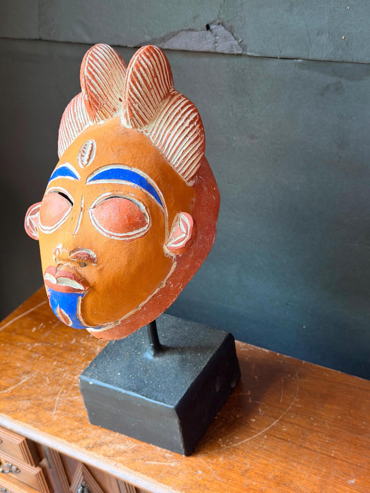 Vintage African Terracotta Punu Mask - Painted Clay Tribal Art 8"