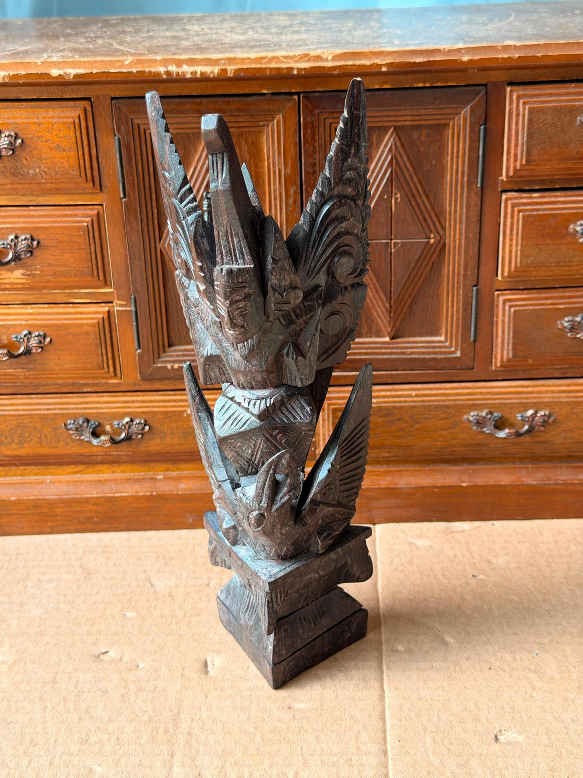 Vintage Balinese Hand Carved Ebony Winged Garuda Deity Indonesian Statue Art